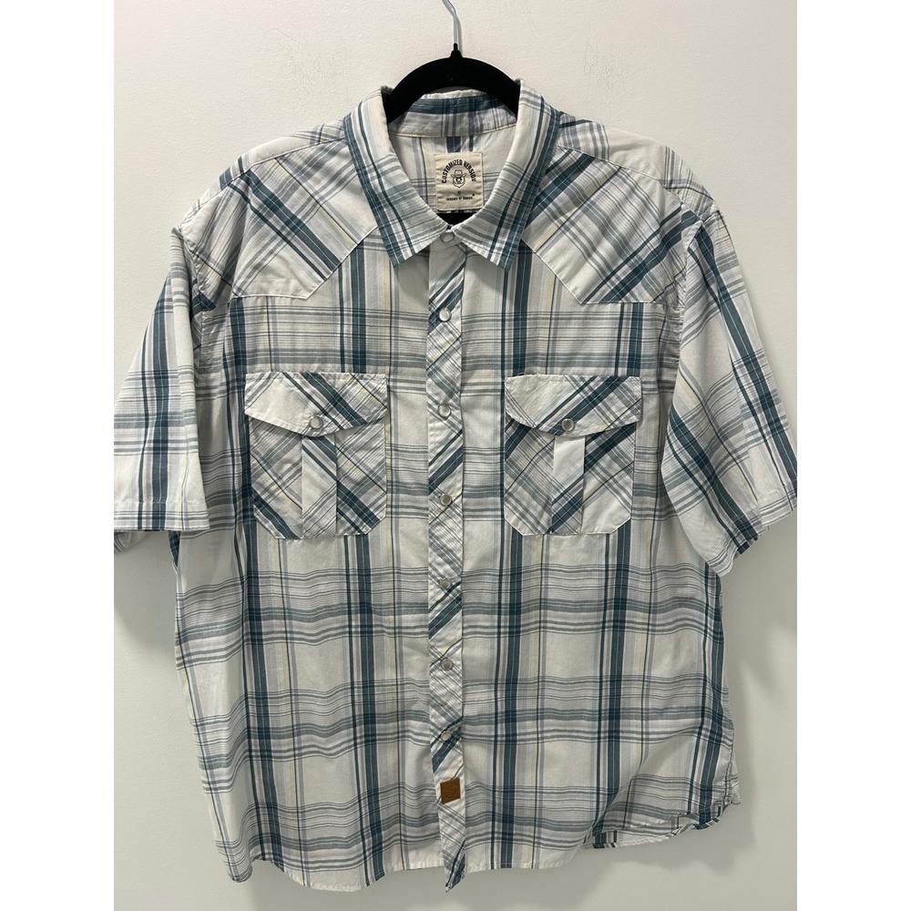 Dubinik Mens XL Plaid Western Pearl Snap Short Sleeve Shirt Blue White Yellow